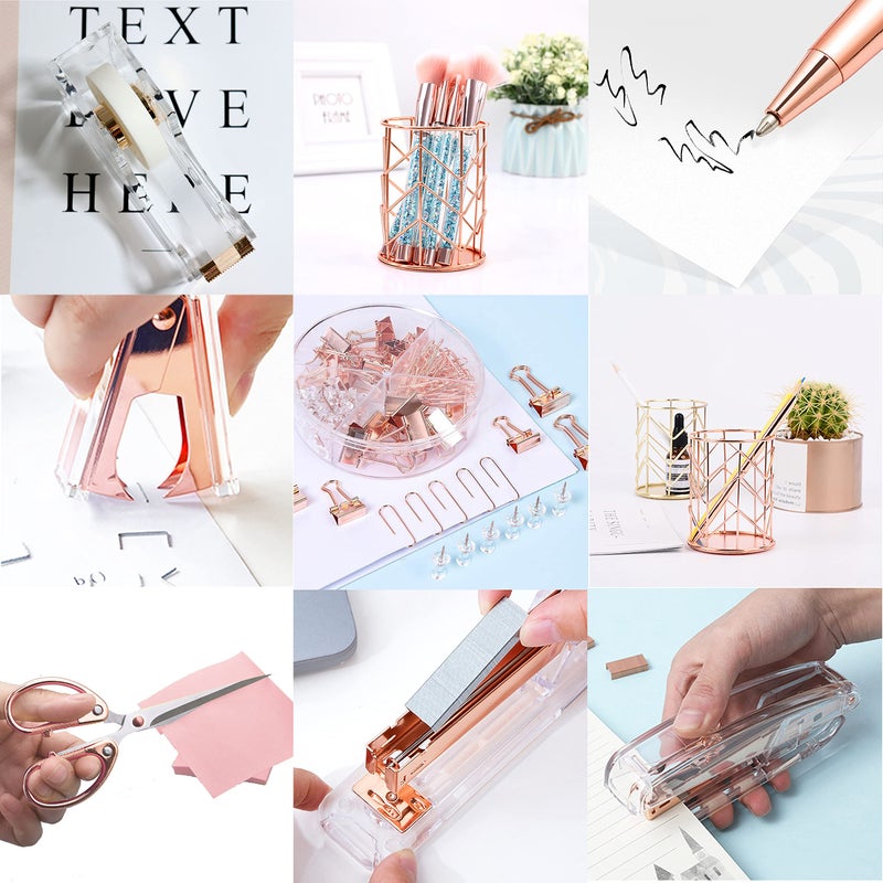 Famassi Rose Gold Desk Accessories Office Supplies Set Acrylic Stapler Set Staple Remover  Tape Holder  2 Ballpoint Pen  Scissor  Binder/Paper Clips and 1000pcs Staples. - Image 5